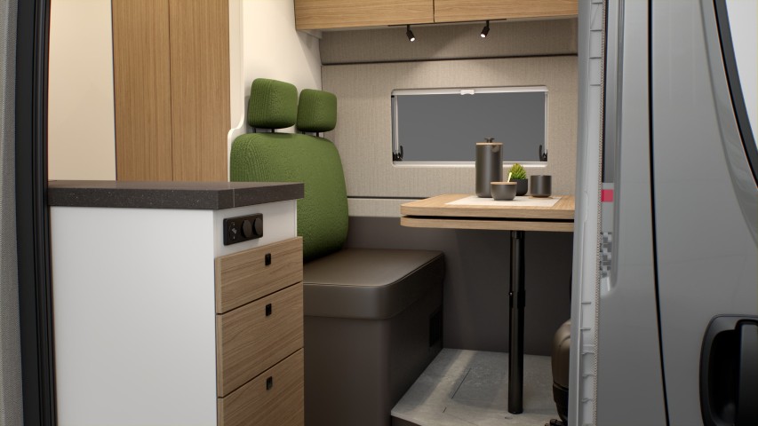 Buerstner Papillon 2025 - Ingresso portellone e dinette (rendering)