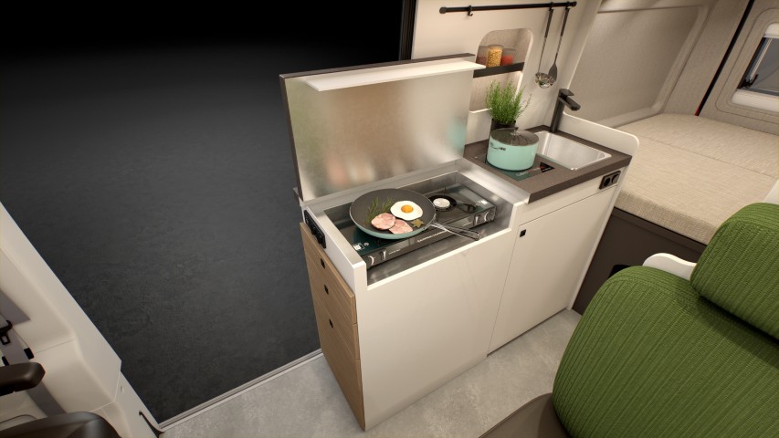 Buerstner Papillon 2025 - Blocco cucina con piano cottura a gas (rendering)