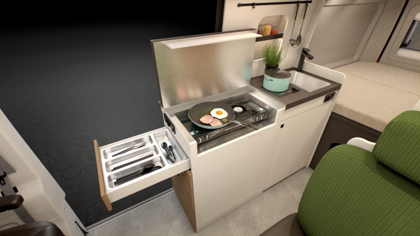 Buerstner Papillon 2025 - Blocco cucina con cassetto per posate (rendering)