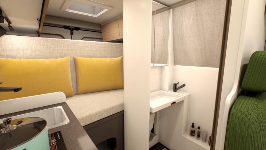 Buerstner Papillon 2025 - Ingresso bagno e letto in modalità divano (rendering)