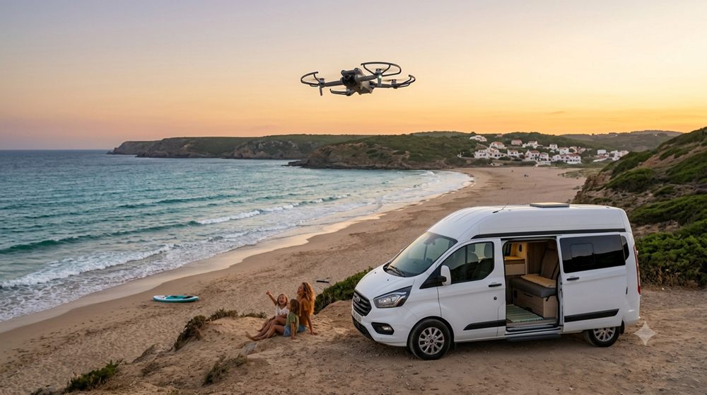 Drone in viaggio con il camper (immagine generata con AI)